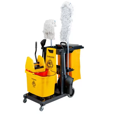 KIT: Carrinho PRETO +Balde 30/50L+Placa+Esfregão+Mop Pó+Pá - PRETO