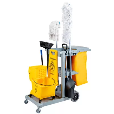 KIT: Carrinho CINZA +Balde 24L+Placa+Esfregão+Mop Pó+Pá