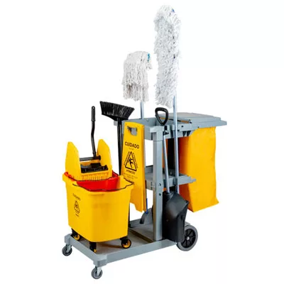 KIT: Carrinho CINZA +Balde 30/50L+Placa+Esfregão+Mop Pó+Pá - CINZA