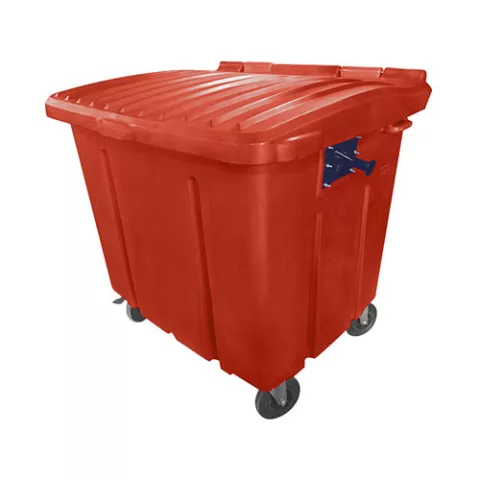 Container de lixo 1000L em PEAD vermelho com tampa e rodízios de 8 polegadas.