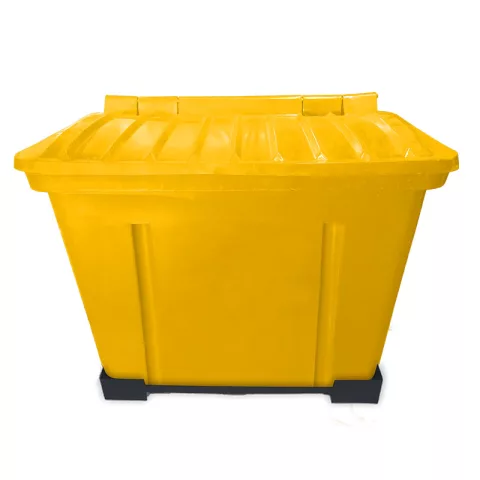 Container de Lixo ou Lixeira para Condomínios Amarelo de Plástico com suporte fixar chão, 500 Litros